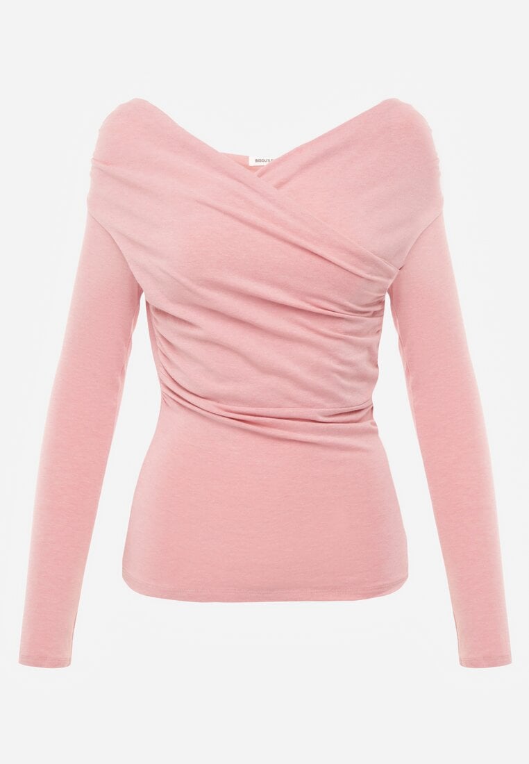 Różowa Marszczona Bluzka z Bawełną i Dekoltem w Łódkę Orinlia