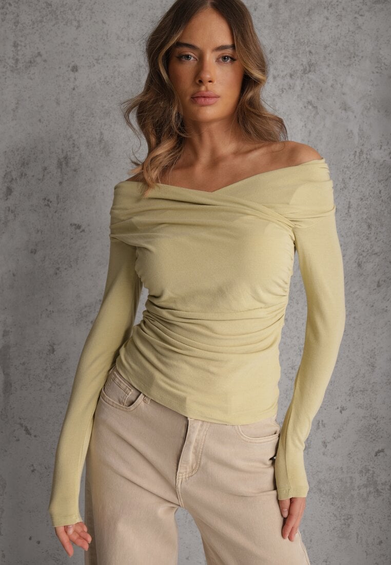 Zielona Marszczona Bluzka z Bawełną i Dekoltem w Łódkę Orinlia