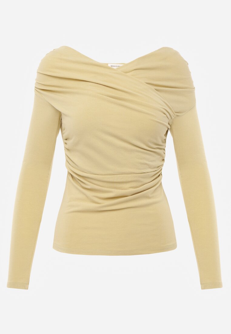 Zielona Marszczona Bluzka z Bawełną i Dekoltem w Łódkę Orinlia