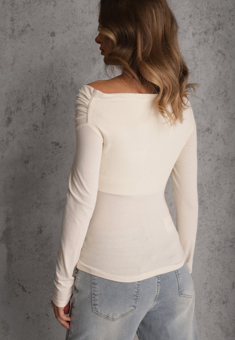 Beżowy Marszczona Bluzka z Bawełną i Dekoltem w Łódkę Orinlia