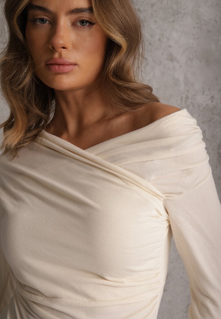 Beżowy Marszczona Bluzka z Bawełną i Dekoltem w Łódkę Orinlia