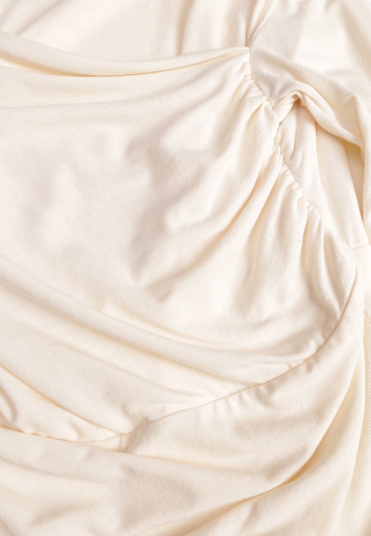 Beżowy Marszczona Bluzka z Bawełną i Dekoltem w Łódkę Orinlia