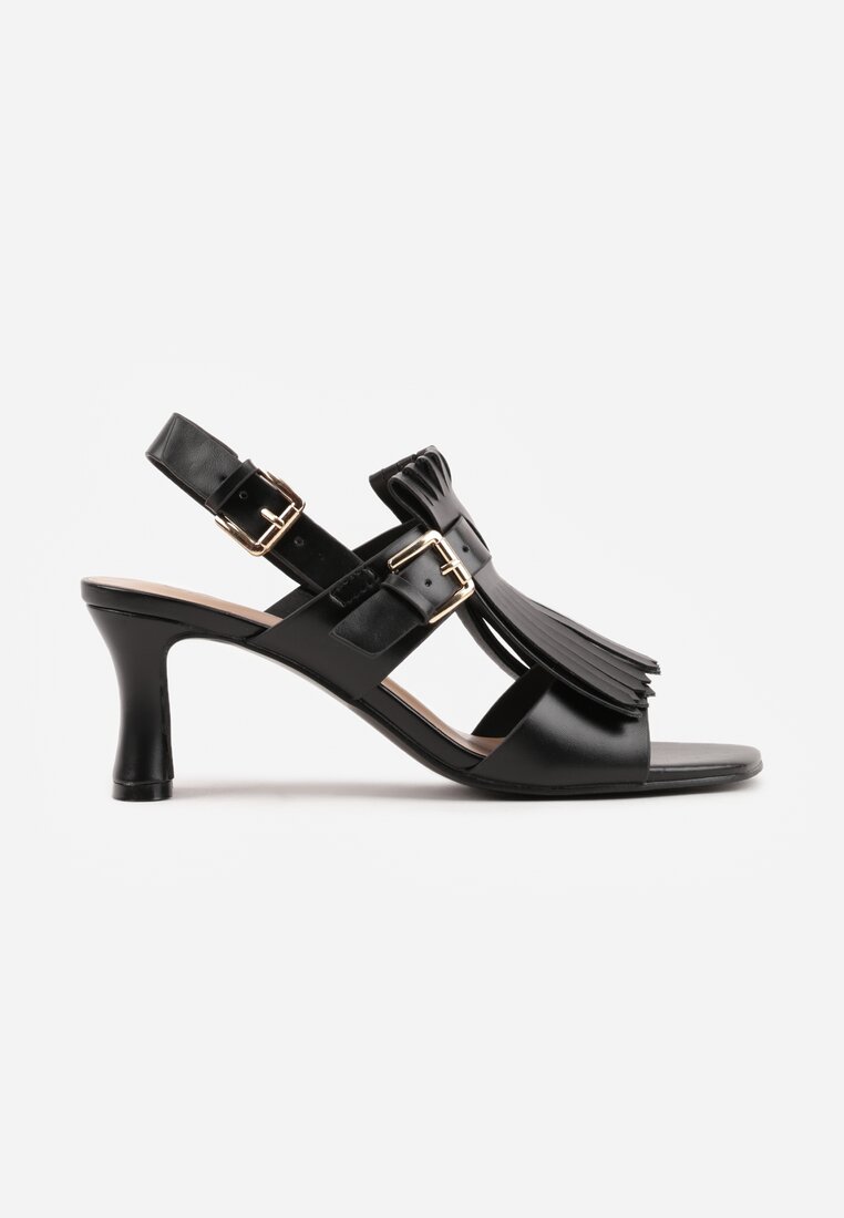 Czarne Sandały na Słupku z Frędzlami z Przodu Cahriana