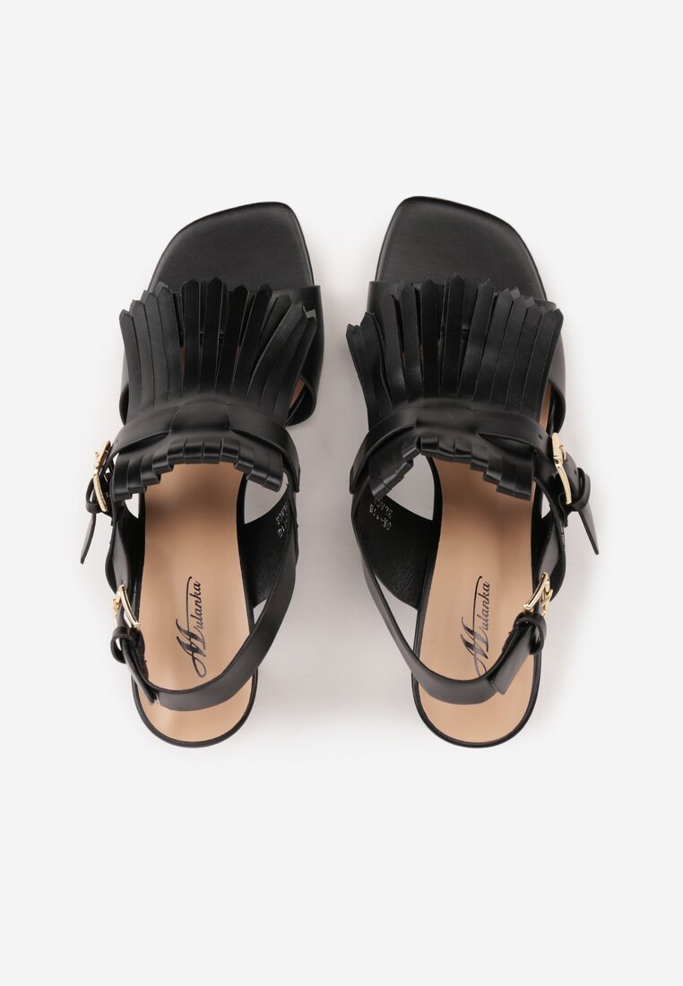 Czarne Sandały na Słupku z Frędzlami z Przodu Cahriana
