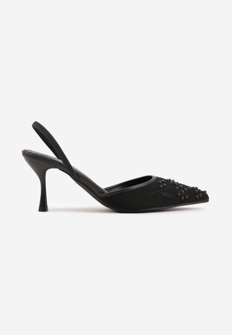 Czarne Sandały na Szpilce Ozdobione Haftowanym Wzorem i Koralikami Sametis