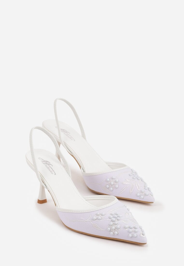 Białe Sandały na Szpilce Ozdobione Haftowanym Wzorem i Koralikami Sametis