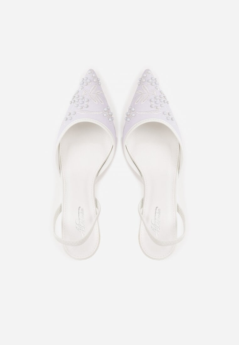 Białe Sandały na Szpilce Ozdobione Haftowanym Wzorem i Koralikami Sametis