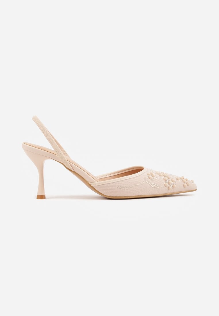 Beżowe Sandały na Szpilce Ozdobione Haftowanym Wzorem i Koralikami Sametis