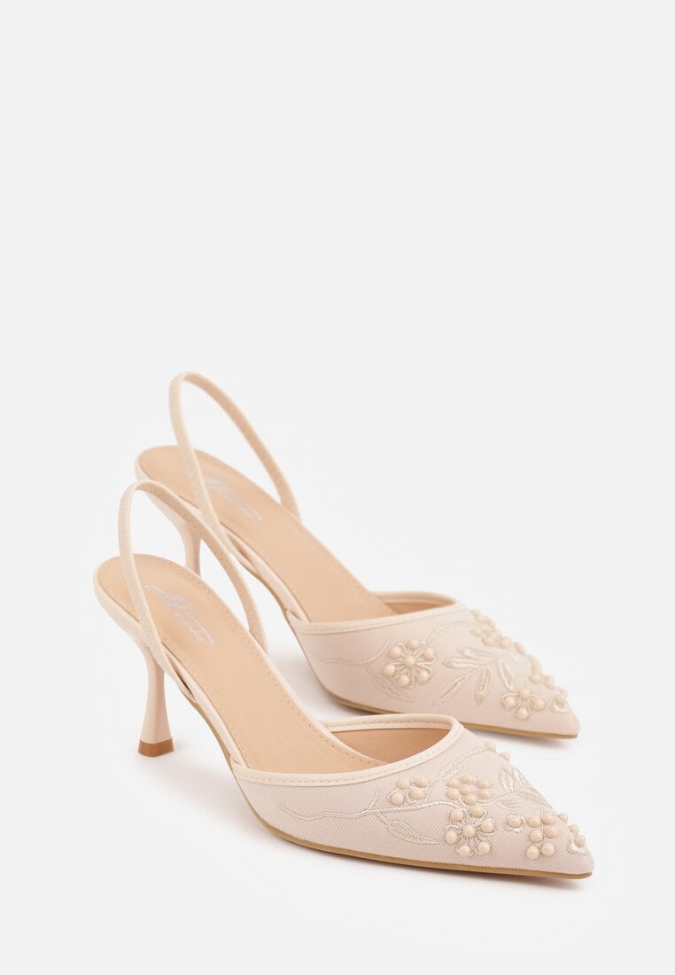 Beżowe Sandały na Szpilce Ozdobione Haftowanym Wzorem i Koralikami Sametis