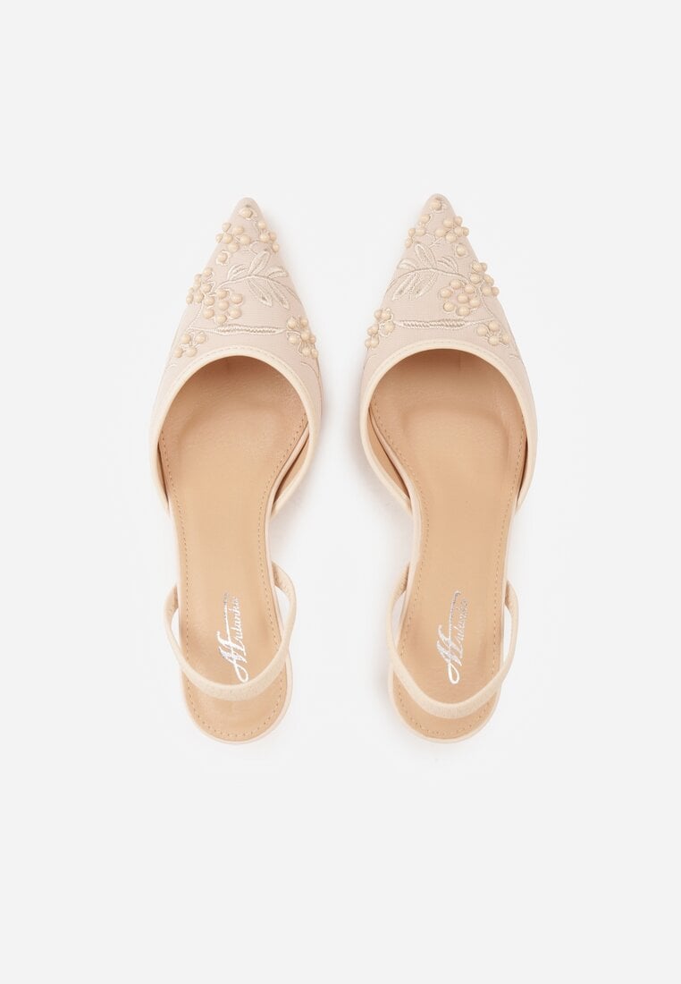 Beżowe Sandały na Szpilce Ozdobione Haftowanym Wzorem i Koralikami Sametis
