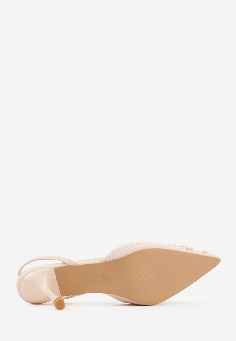 Beżowe Sandały na Szpilce Ozdobione Haftowanym Wzorem i Koralikami Sametis