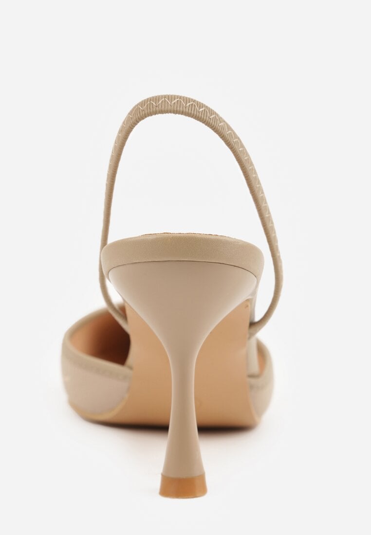 Ciemnobeżowe Sandały na Szpilce Ozdobione Haftowanym Wzorem i Koralikami Sametis