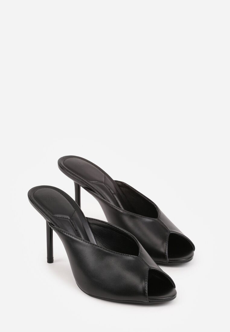 Czarne Klapki na Szpilce z Wyciętą Cholewką Ariesona