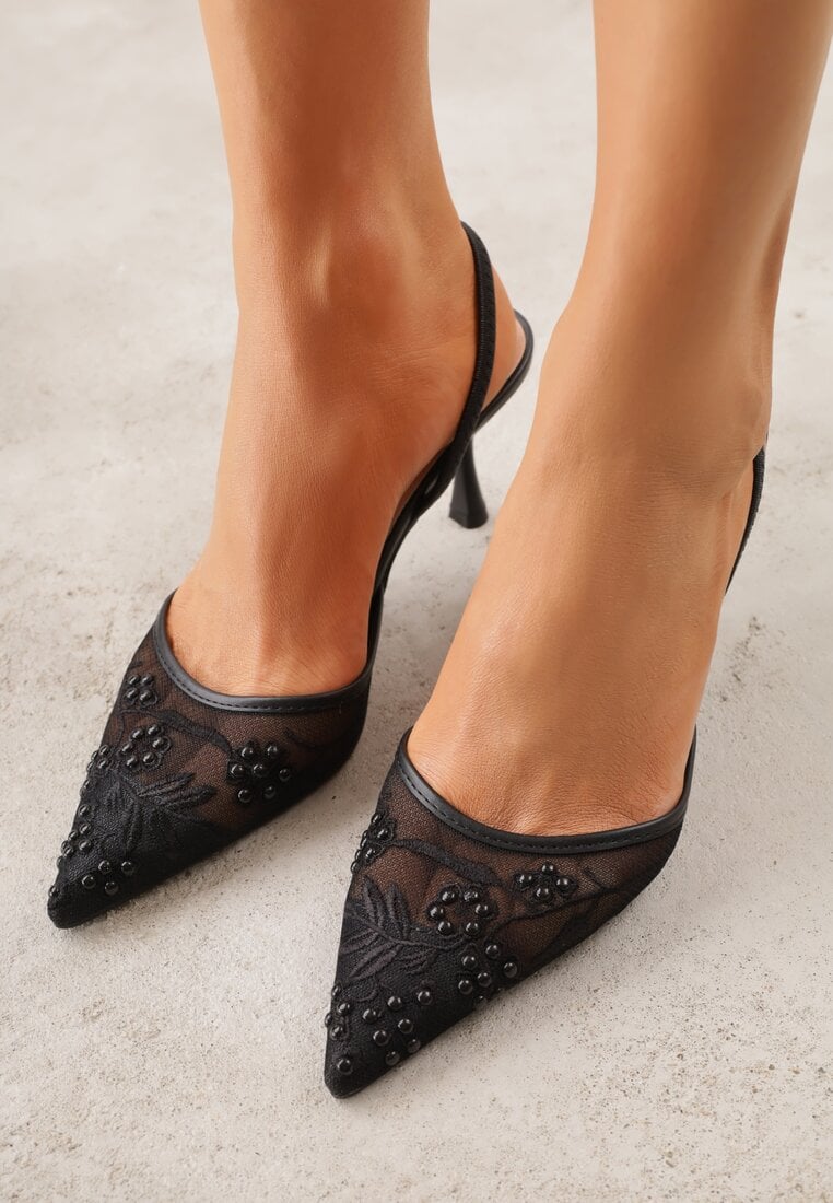 Czarne Transparentne Sandały na Szpilce Ozdobione Koronką  Thetune