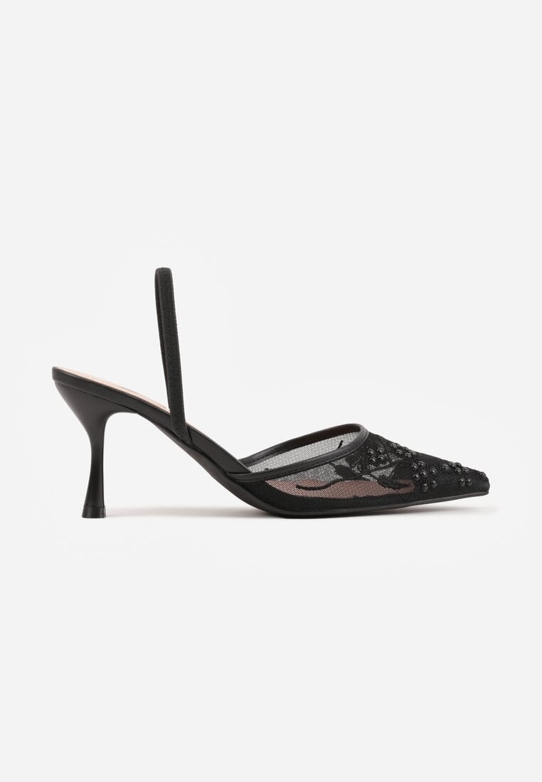 Czarne Transparentne Sandały na Szpilce Ozdobione Koronką  Thetune