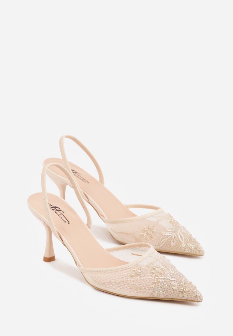 Beżowe Transparentne Sandały na Szpilce Ozdobione Koronką  Thetune