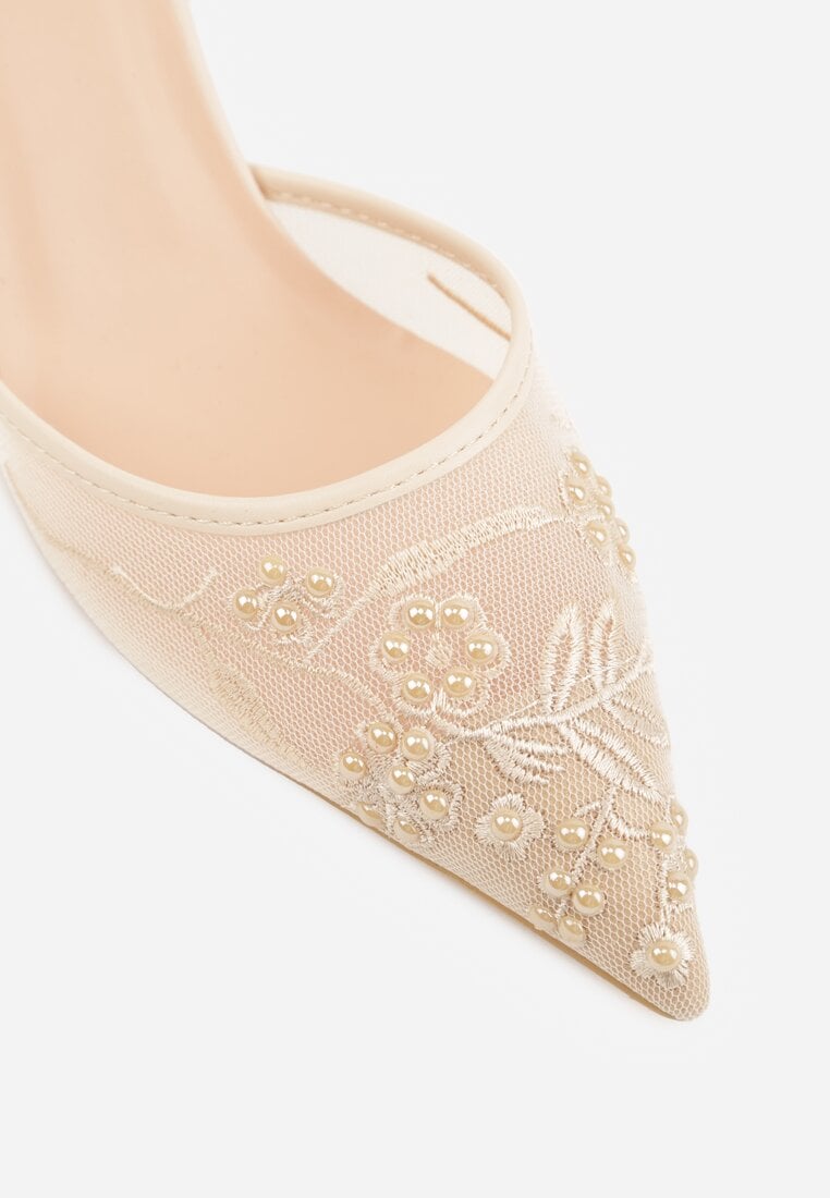 Beżowe Transparentne Sandały na Szpilce Ozdobione Koronką  Thetune