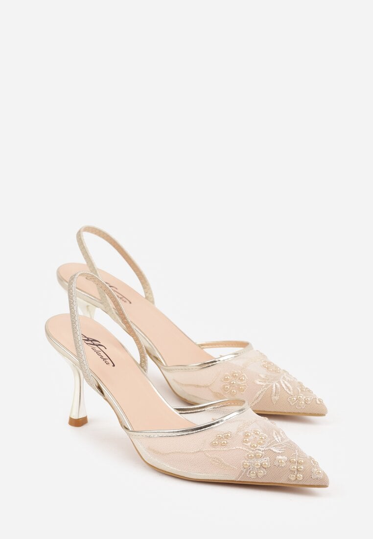 Złote Transparentne Sandały na Szpilce Ozdobione Koronką  Thetune