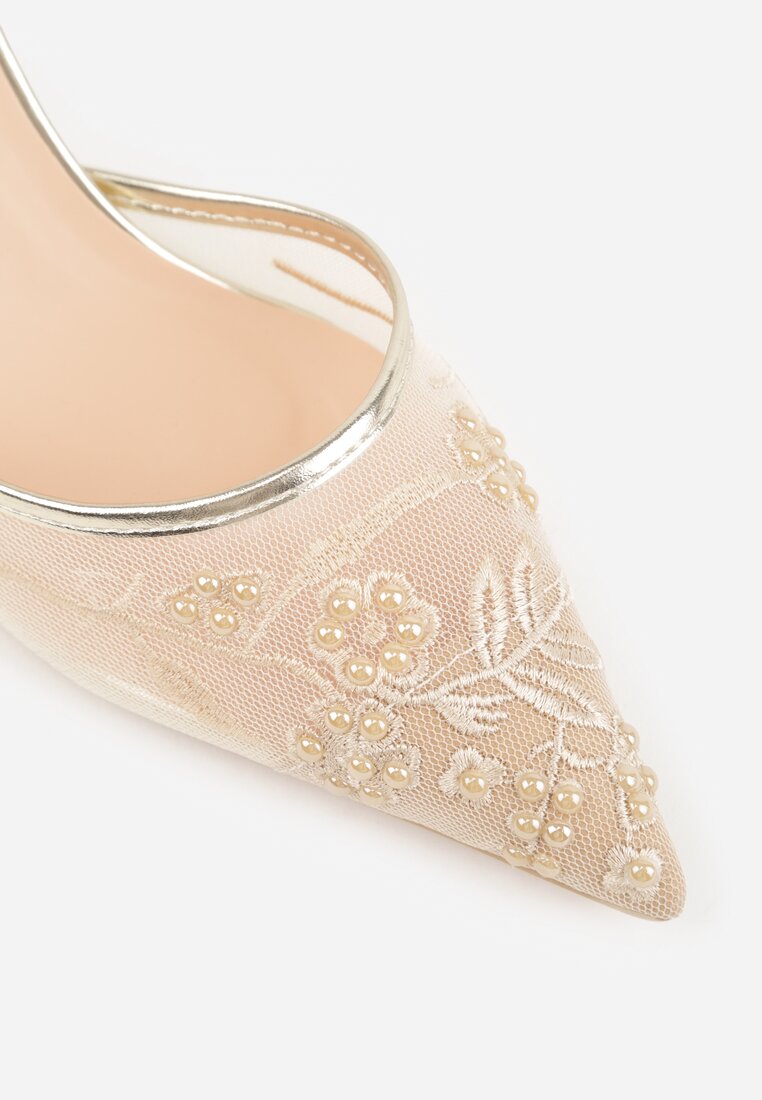 Złote Transparentne Sandały na Szpilce Ozdobione Koronką  Thetune