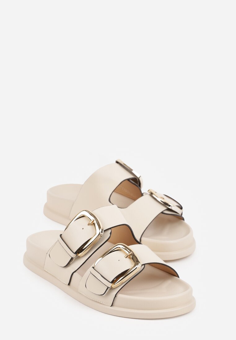 Beżowe Klapki z Metalicznymi Klamrami Aetheta