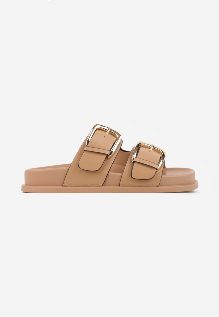 Ciemnobeżowe Klapki z Metalicznymi Klamrami Aetheta