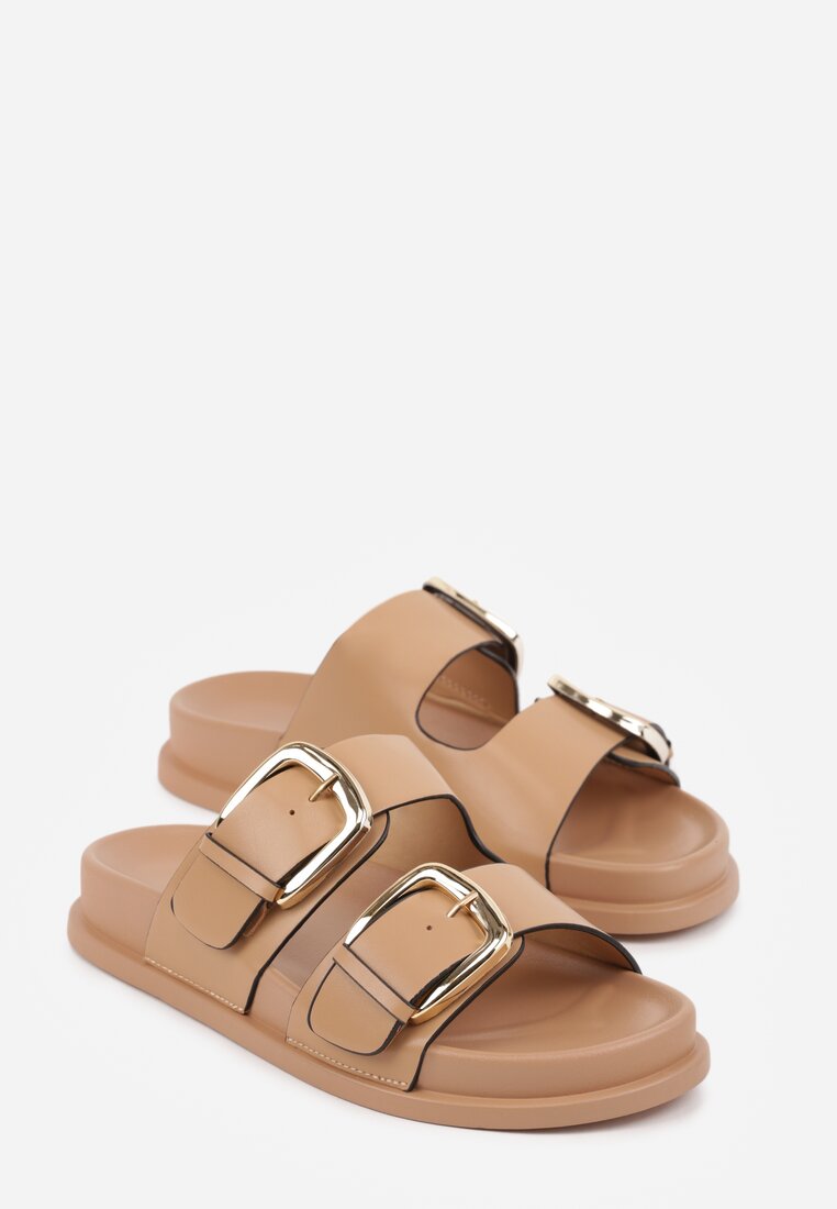 Ciemnobeżowe Klapki z Metalicznymi Klamrami Aetheta