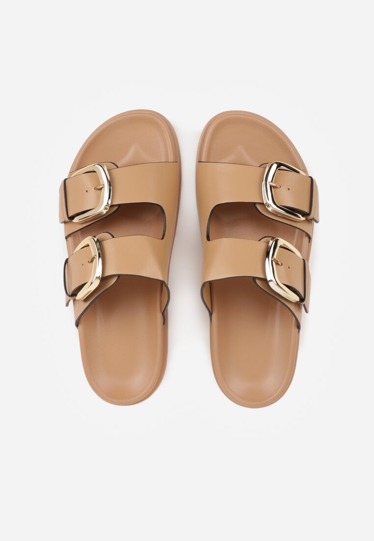 Ciemnobeżowe Klapki z Metalicznymi Klamrami Aetheta