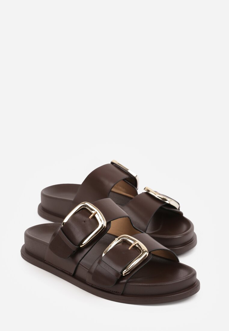 Ciemnobrązowe Klapki z Metalicznymi Klamrami Aetheta