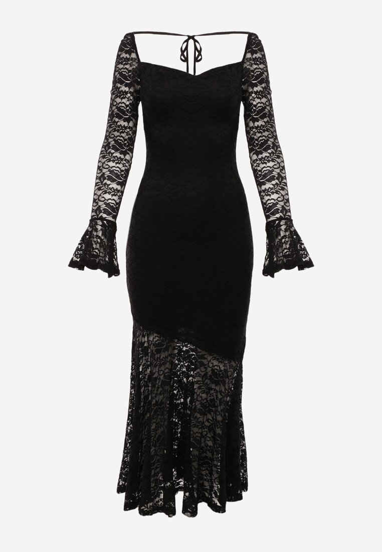 Czarna Elegancka Sukienka VICES z Koronki z Wiązaniem z Tyłu Drenvienne