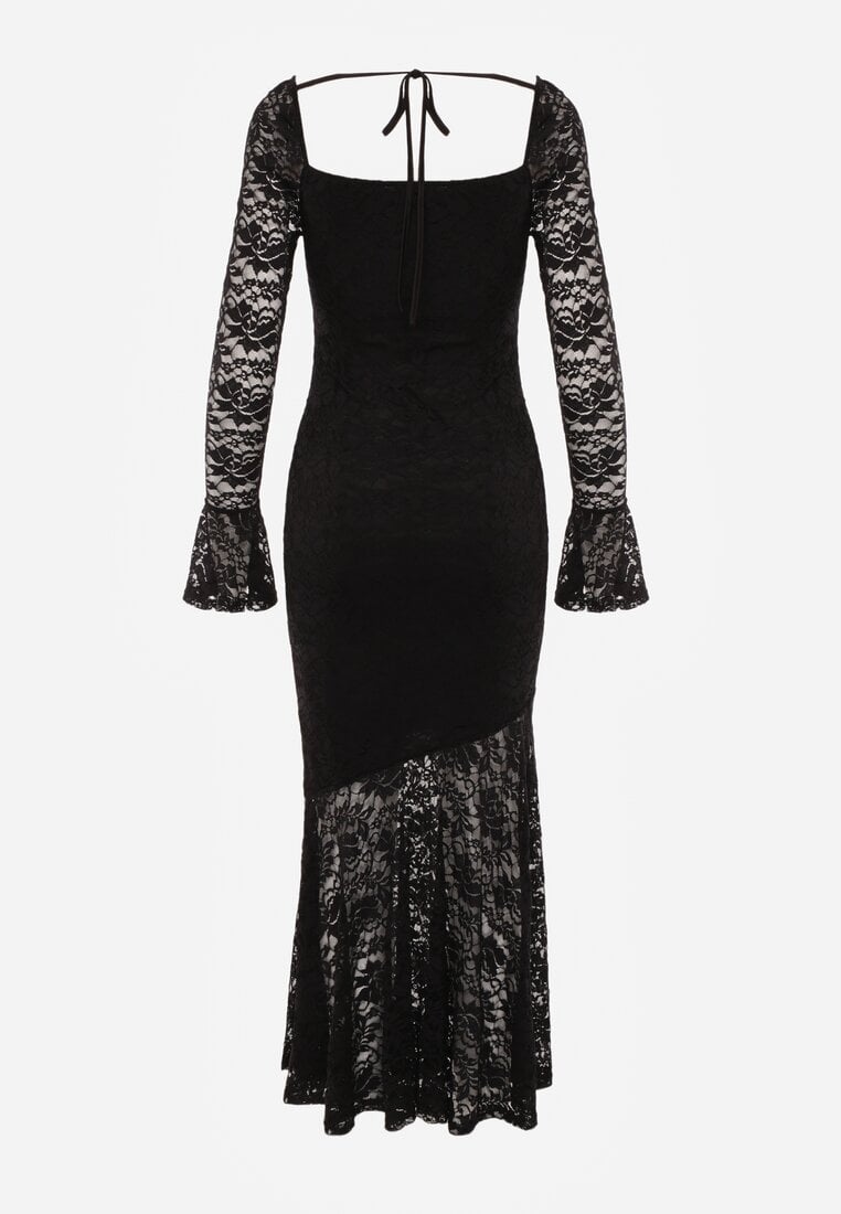 Czarna Elegancka Sukienka VICES z Koronki z Wiązaniem z Tyłu Drenvienne