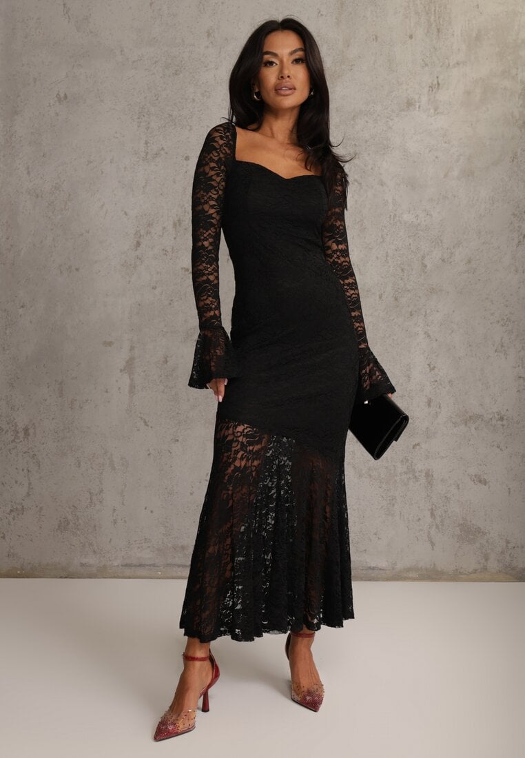 Czarna Elegancka Sukienka VICES z Koronki z Wiązaniem z Tyłu Drenvienne