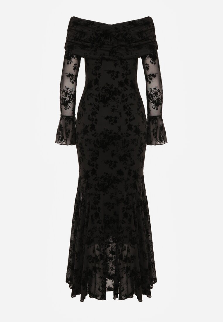 Czarna Wizytowa Sukienka VICES Off Shoulder z Kwiatowym Wzorem z Weluru Adrakharei