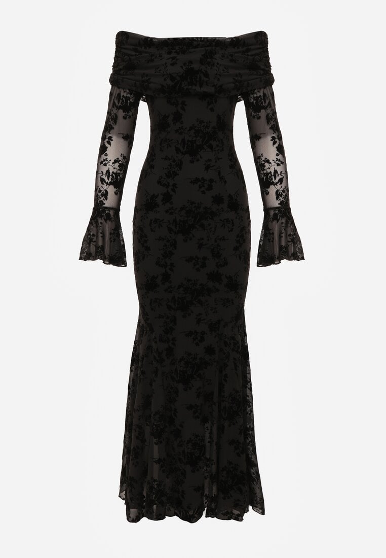 Czarna Wizytowa Sukienka VICES Off Shoulder z Kwiatowym Wzorem z Weluru Adrakharei