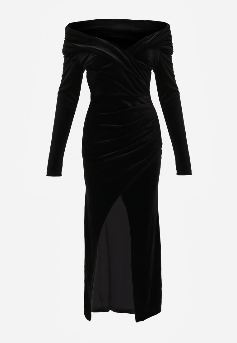 Czarna Sukienka z Weluru VICES Off Shoulder z Rozcięciem Elinesh