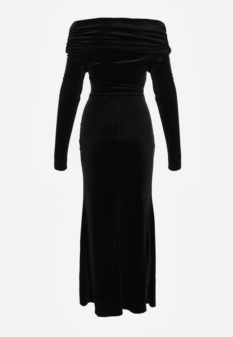 Czarna Sukienka z Weluru VICES Off Shoulder z Rozcięciem Elinesh
