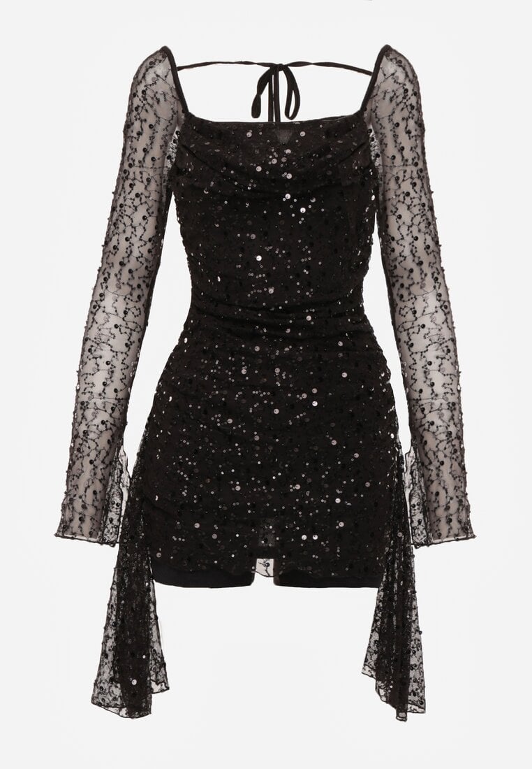 Czarna Dopasowana Sukienka VICES Zdobiona Cekinami i Wiązaniem Alethrolphi