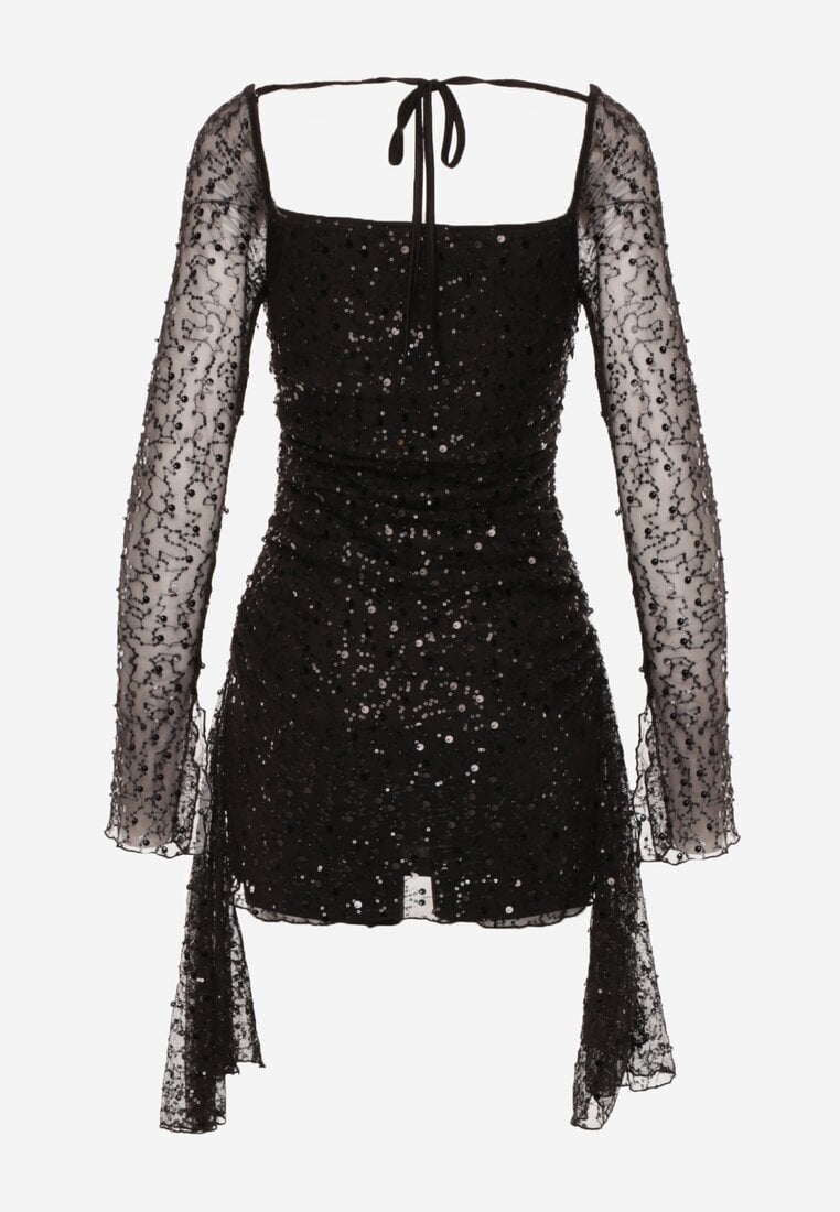 Czarna Dopasowana Sukienka VICES Zdobiona Cekinami i Wiązaniem Alethrolphi