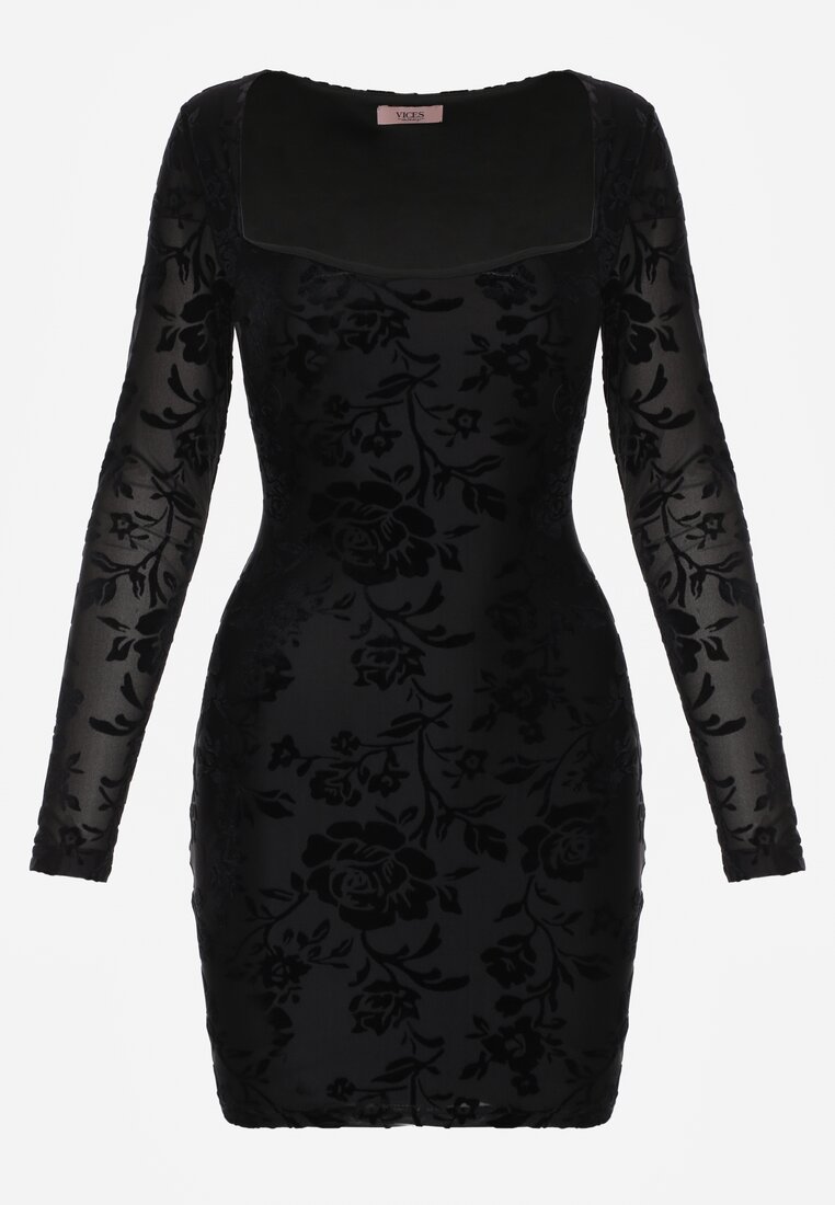 Czarna Sukienka VICES Bodycon z Wiązaniem na Plecach i Welurowym Wzorem Raessa