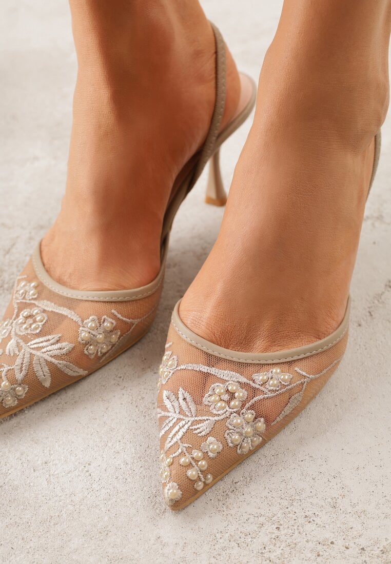 Ciemnobeżowe Transparentne Sandały na Szpilce Ozdobione Koronką  Thetune