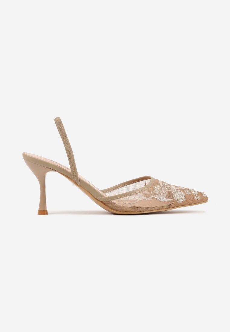 Ciemnobeżowe Transparentne Sandały na Szpilce Ozdobione Koronką  Thetune