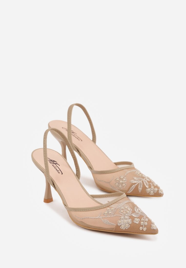 Ciemnobeżowe Transparentne Sandały na Szpilce Ozdobione Koronką  Thetune