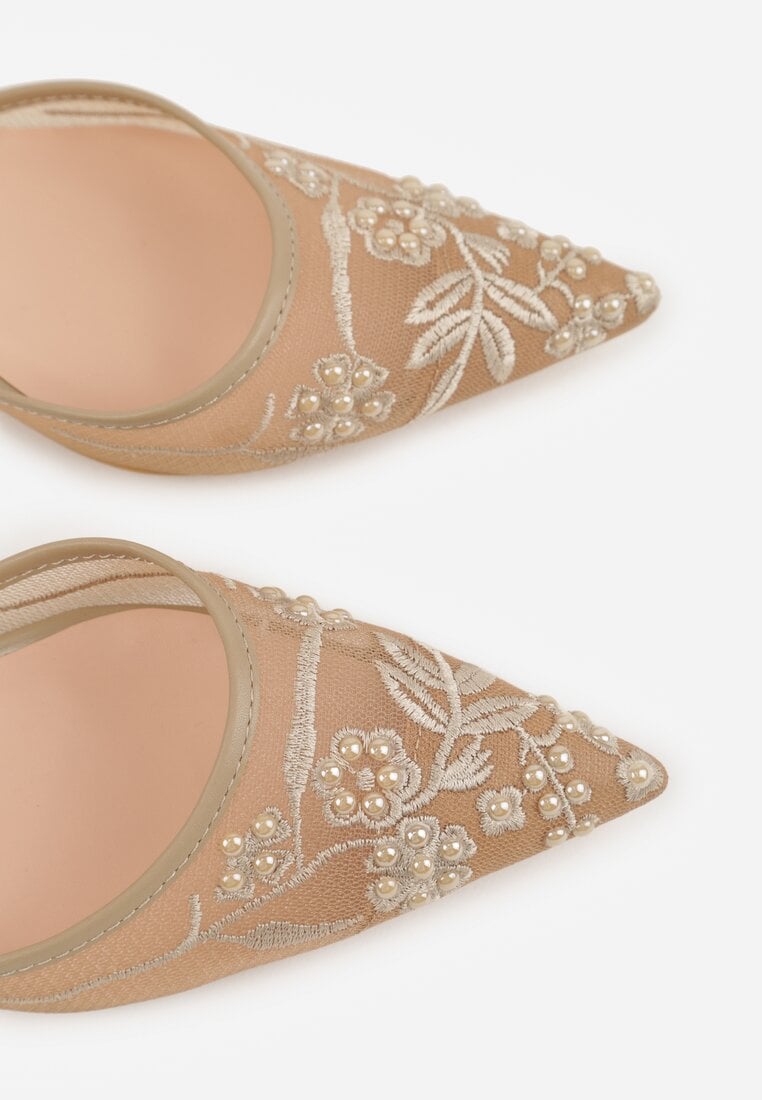 Ciemnobeżowe Transparentne Sandały na Szpilce Ozdobione Koronką  Thetune