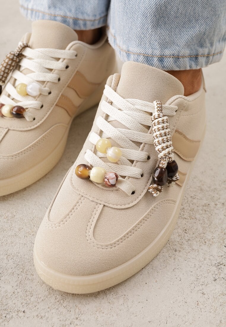 Beżowe Sneakersy Typu Tenisówki Ozdobione Koralikami Daemeli
