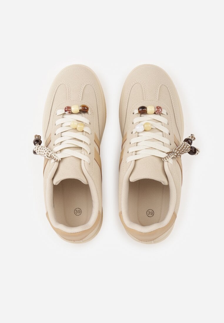 Beżowe Sneakersy Typu Tenisówki Ozdobione Koralikami Daemeli
