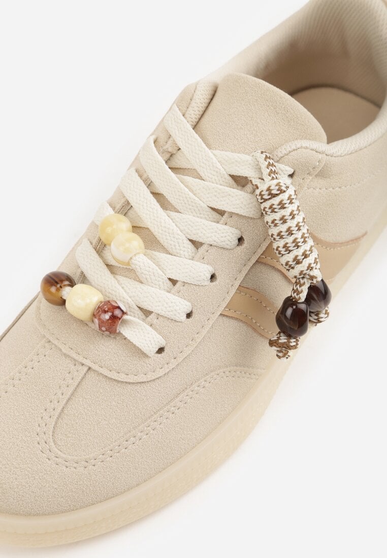 Beżowe Sneakersy Typu Tenisówki Ozdobione Koralikami Daemeli