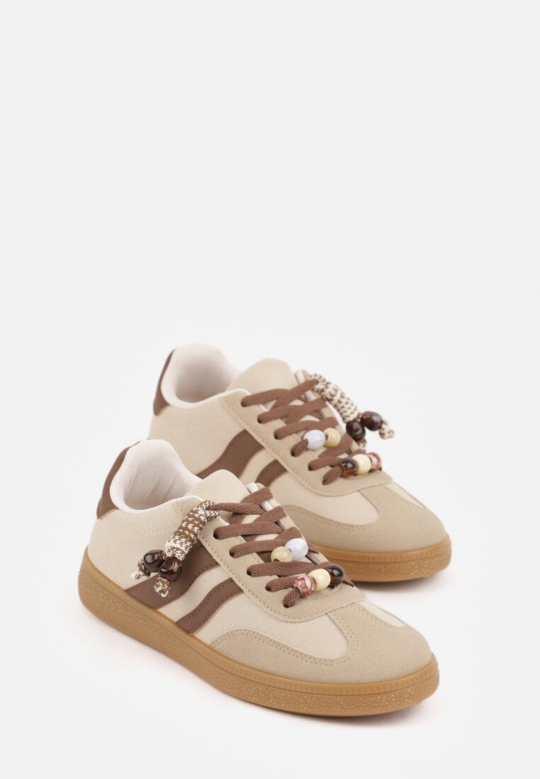 Ciemnobeżowe Sneakersy Typu Tenisówki Ozdobione Koralikami Daemeli