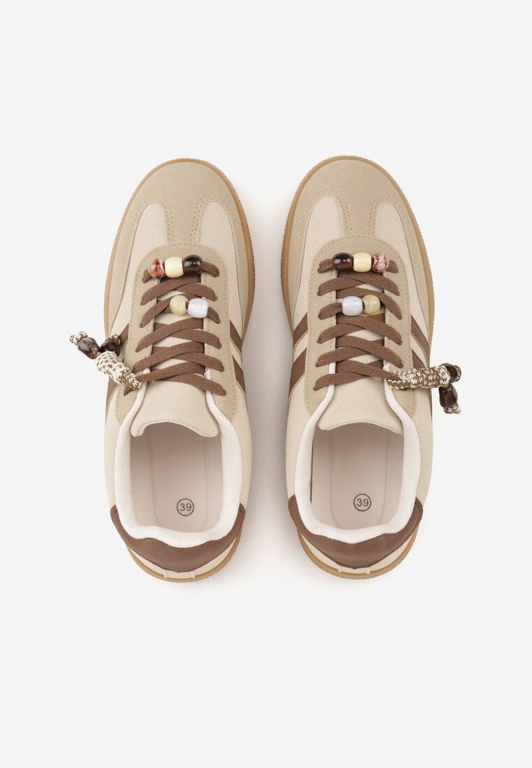 Ciemnobeżowe Sneakersy Typu Tenisówki Ozdobione Koralikami Daemeli