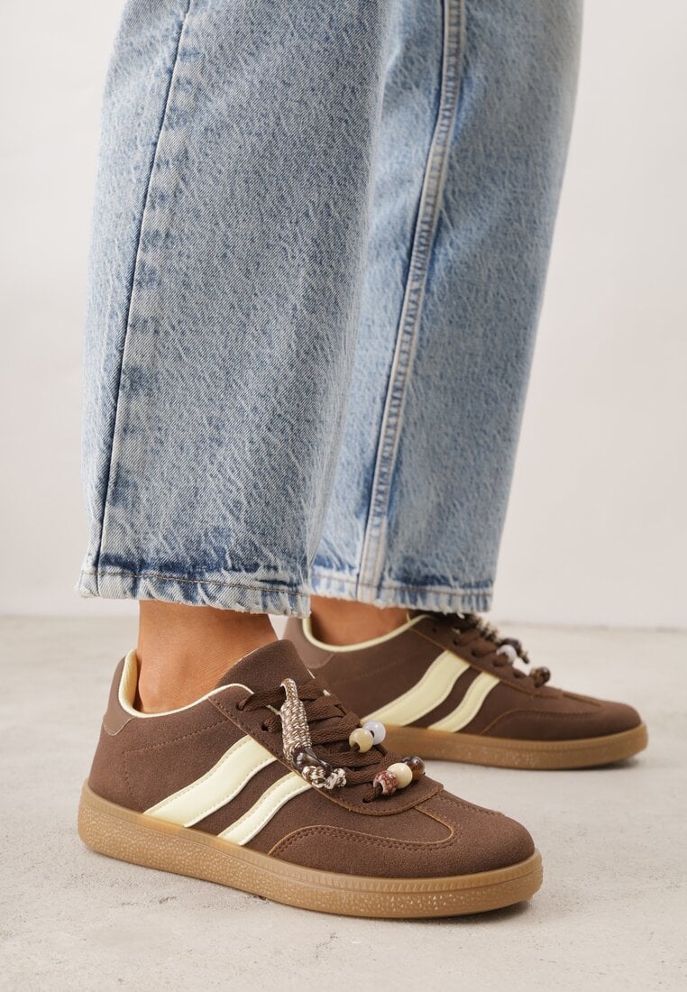 Brązowe Sneakersy Typu Tenisówki Ozdobione Koralikami Daemeli