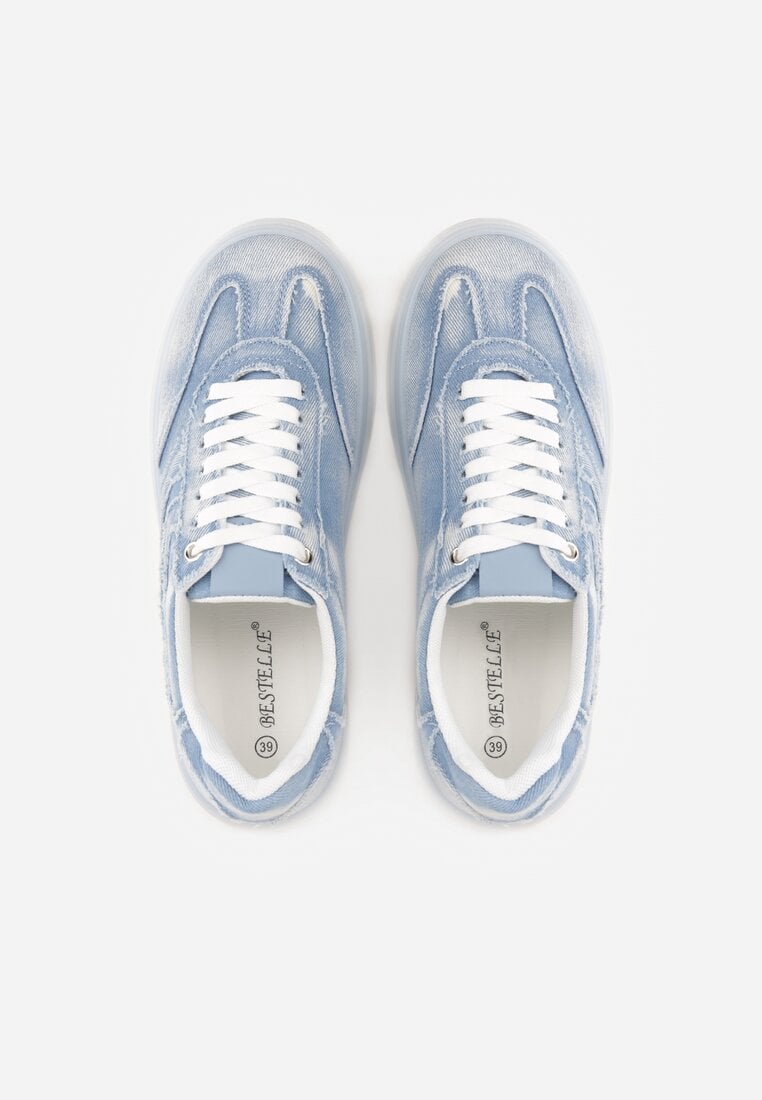 Niebieskie Sneakersy na Platformie z Denimu Nanore