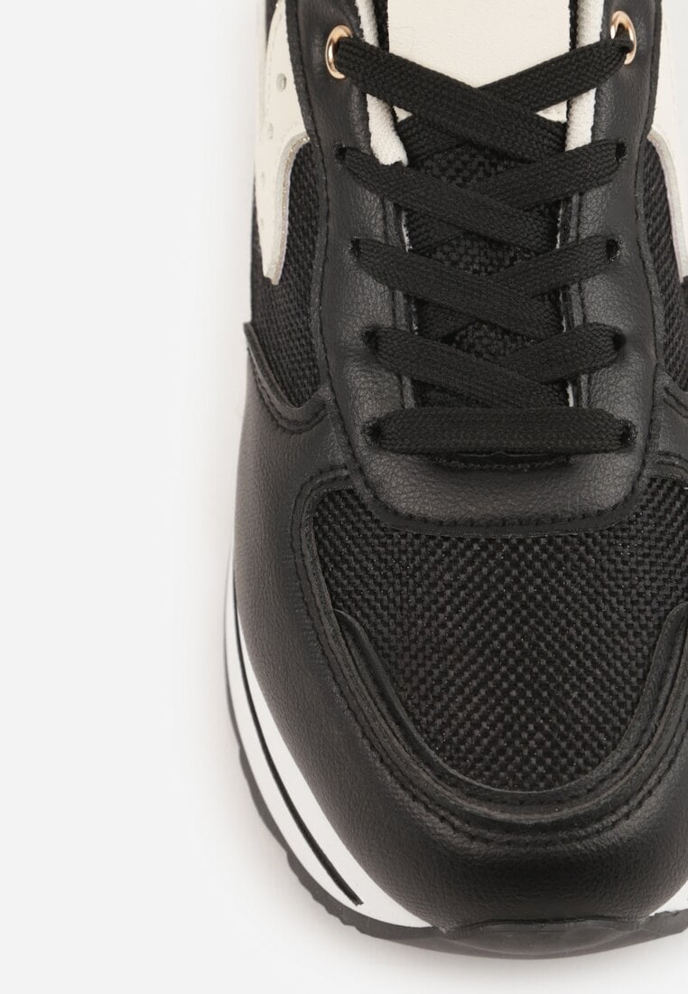 Czarne Sneakersy na Platformie z Tweedowym Zdobieniem i Perforacją Dioseleia